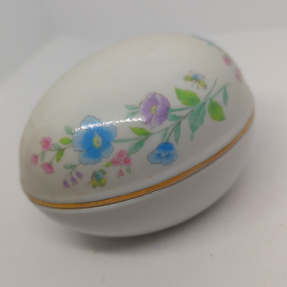 Vintage Porcelain Egg Trinket Box Spring Floral Flower Oval Gold Twim Japan